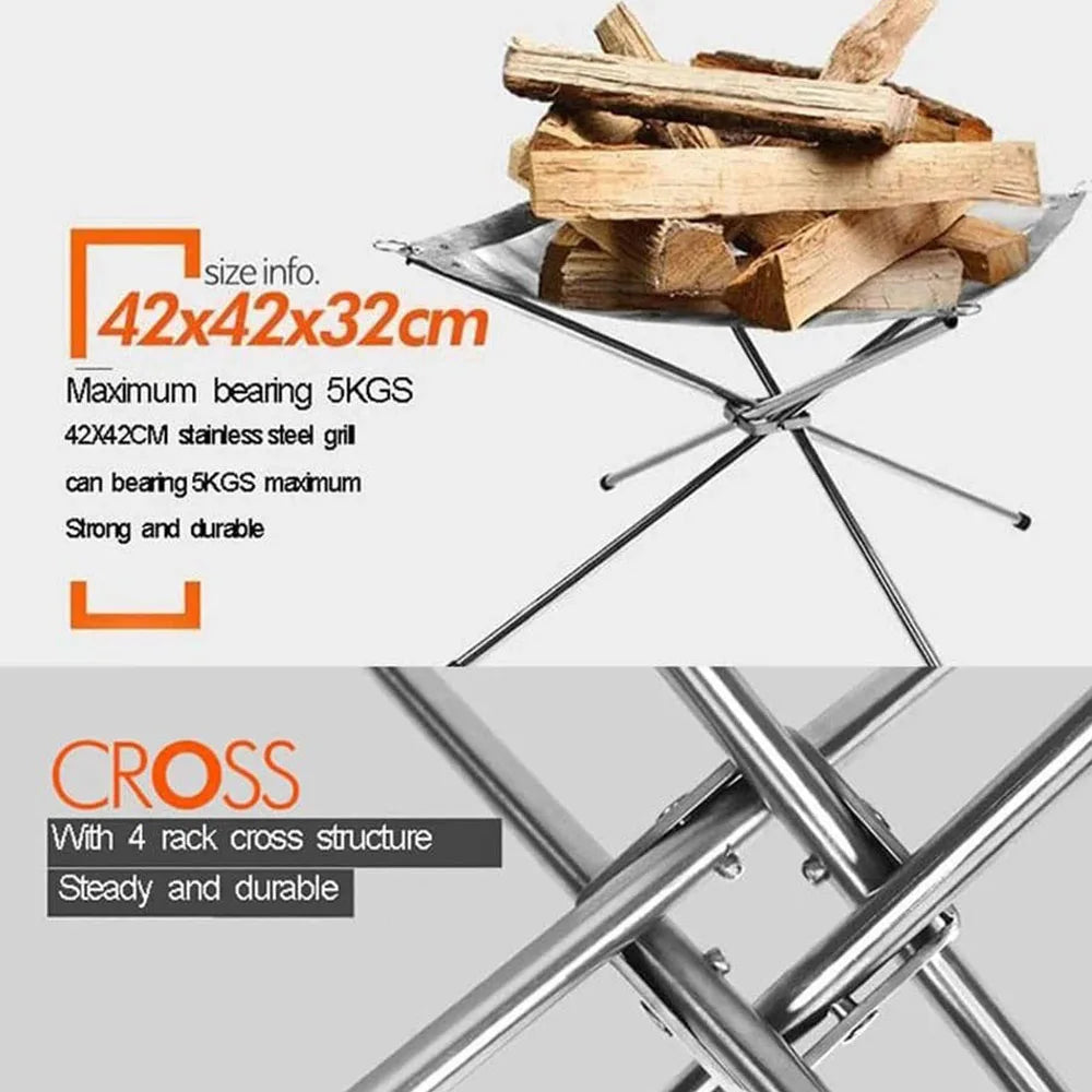 Stainless Steel Outdoor Camping Campfire Fire Rack Foldable Mesh Fire Pit Wood Stove Fire Frame Rack Garden Backyard BBQ Bonfire